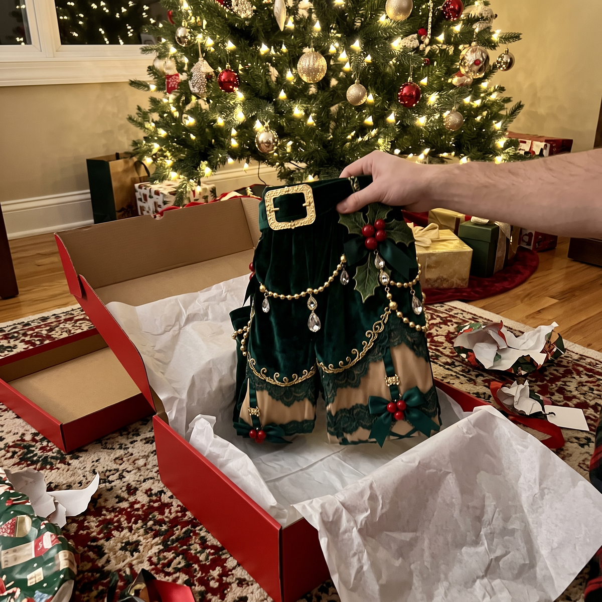 Green Sleigh Pants unwrapped from a gift box