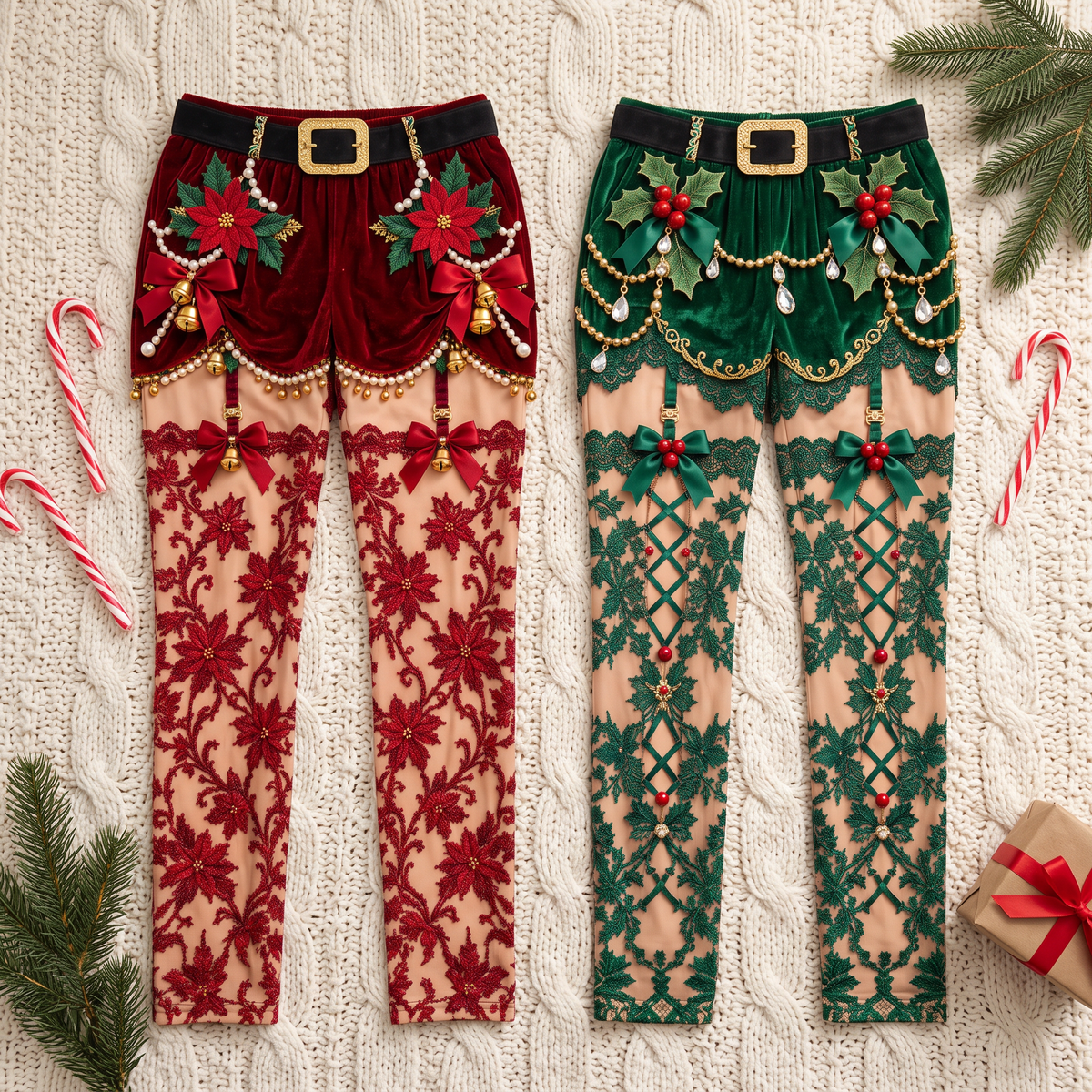 Red and green Sleigh Pants laid flat