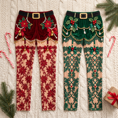 Red and green Sleigh Pants laid flat