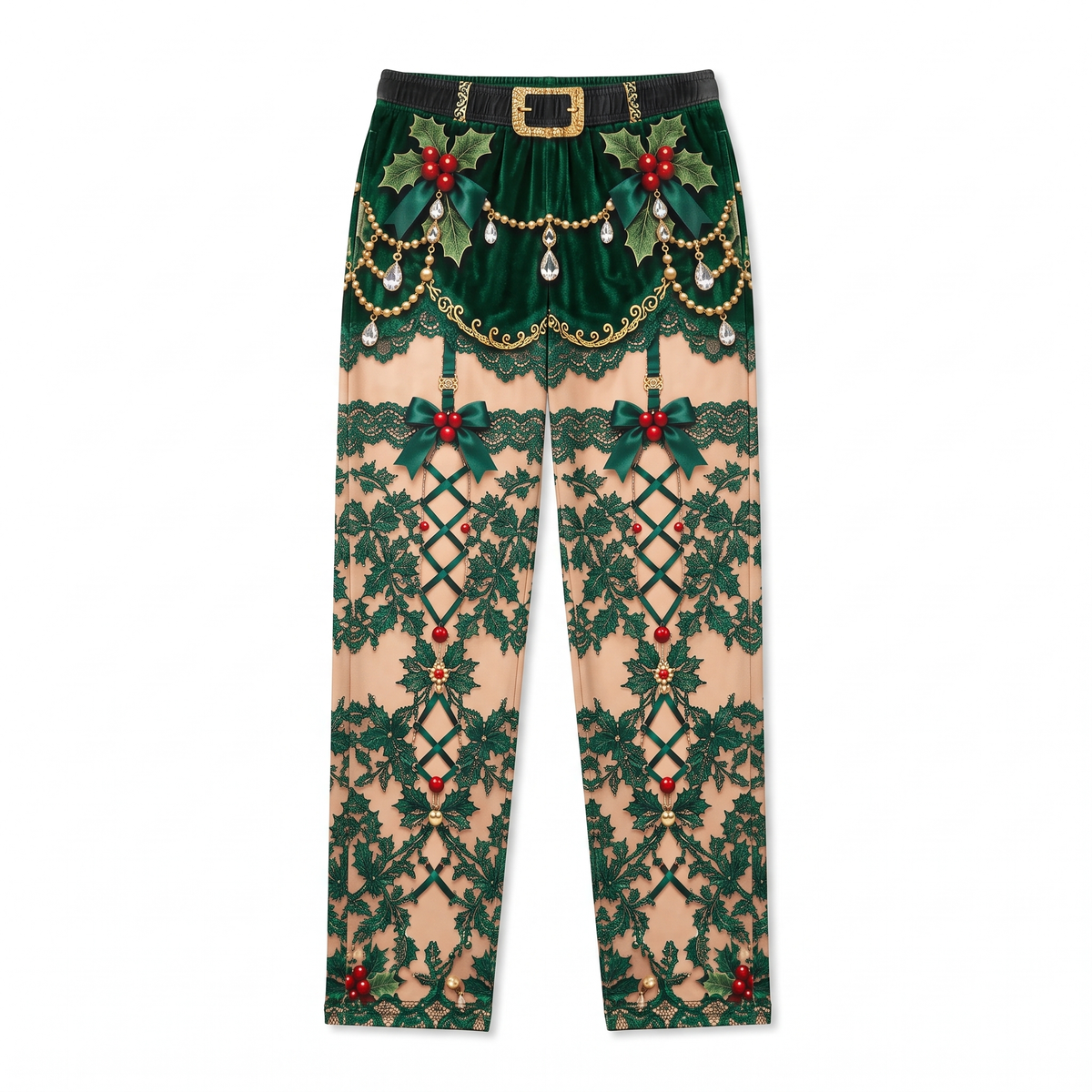 Green Sleigh Pants pyjama pants with printed velvet shorts and lace design