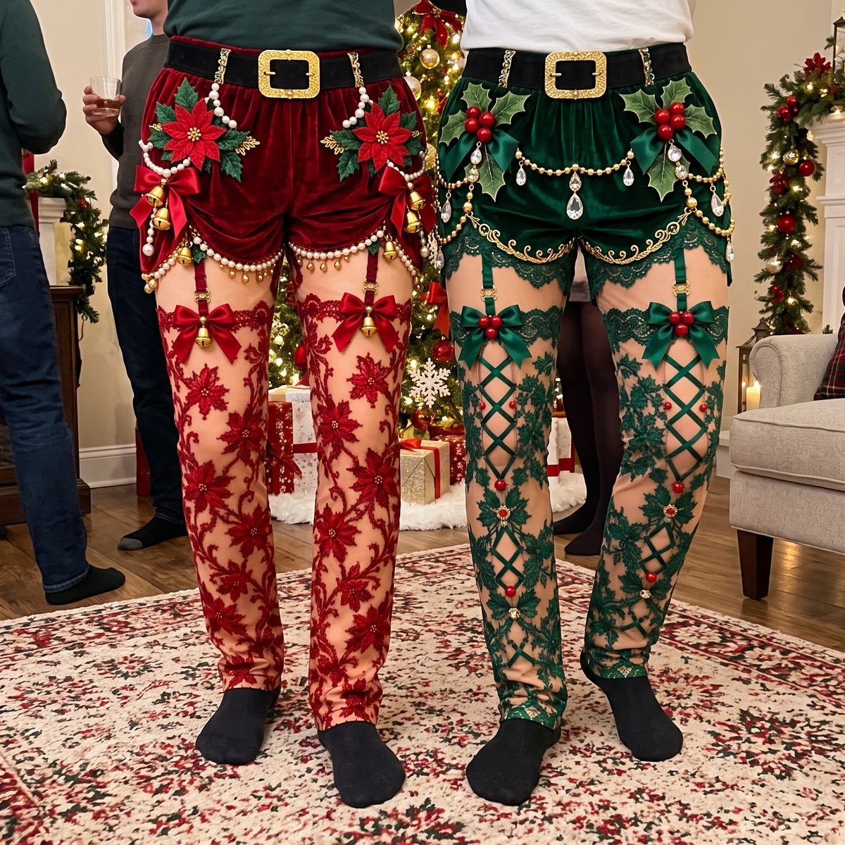 Red and green Sleigh Pants christmas pyjama pants worn side by side