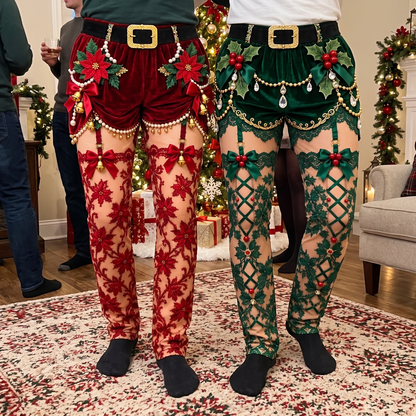 Red and green Sleigh Pants christmas pyjama pants worn side by side