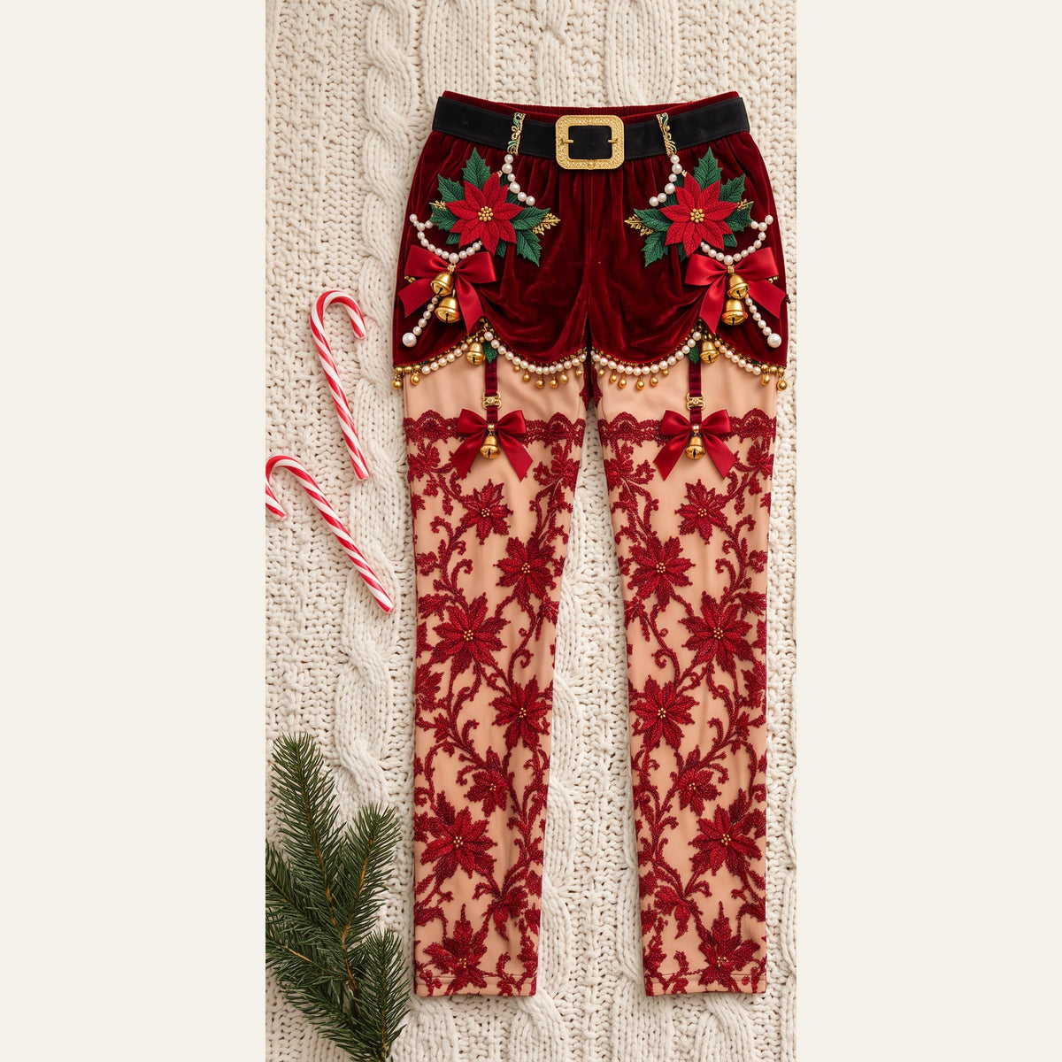 Red Sleigh Pants pyjama pants with printed velvet shorts and lace design