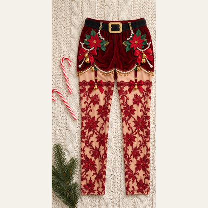 Red Sleigh Pants pyjama pants with printed velvet shorts and lace design