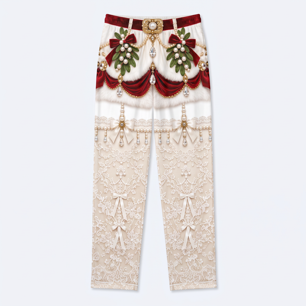 White Sleigh Pants pyjama pants with printed fur and lace design