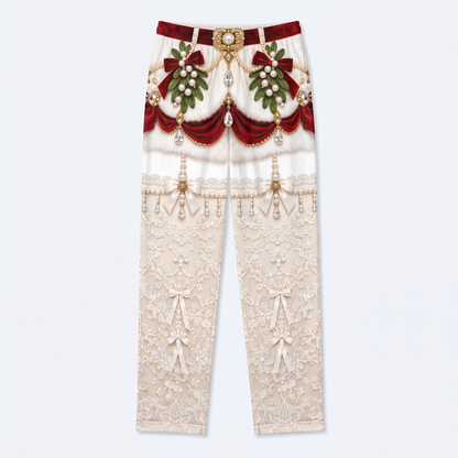 White Sleigh Pants pyjama pants with printed fur and lace design